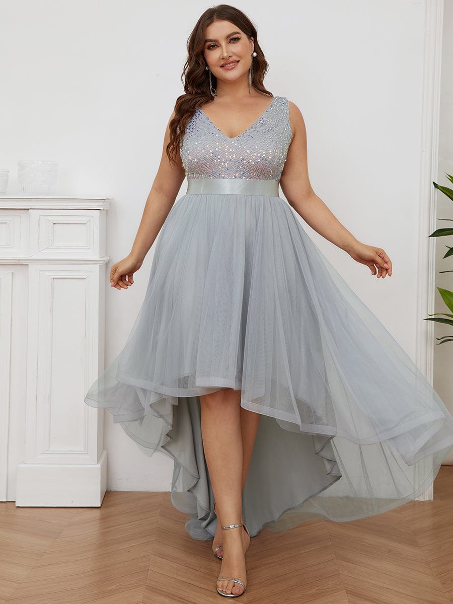 Elegant Sparkling Asymmetrical Hem Deep V Neck Evening Dress - Image 21