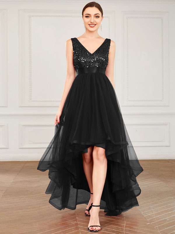 Elegant Sparkling Asymmetrical Hem Deep V Neck Evening Dress - Image 24