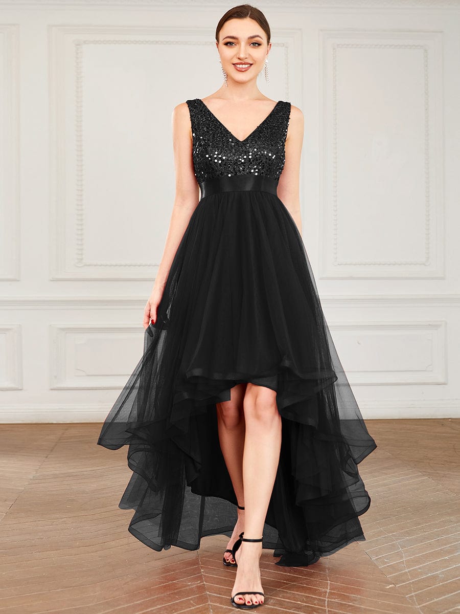 Elegant Sparkling Asymmetrical Hem Deep V Neck Evening Dress - Image 24