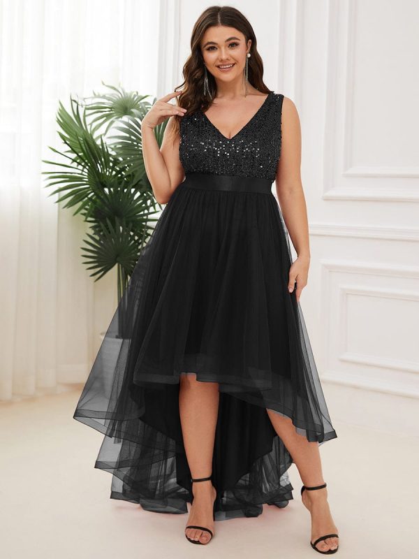 Elegant Sparkling Asymmetrical Hem Deep V Neck Evening Dress - Image 26