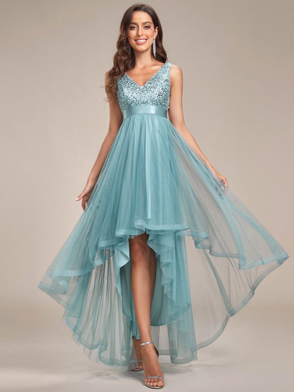 Elegant Sparkling Asymmetrical Hem Deep V Neck Evening Dress - Image 31