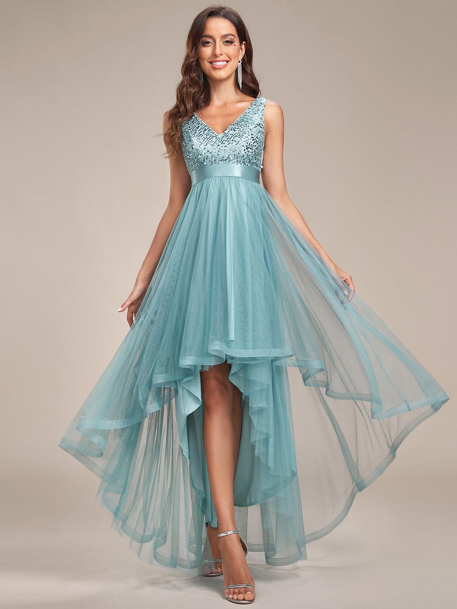 Elegant Sparkling Asymmetrical Hem Deep V Neck Evening Dress - Image 31