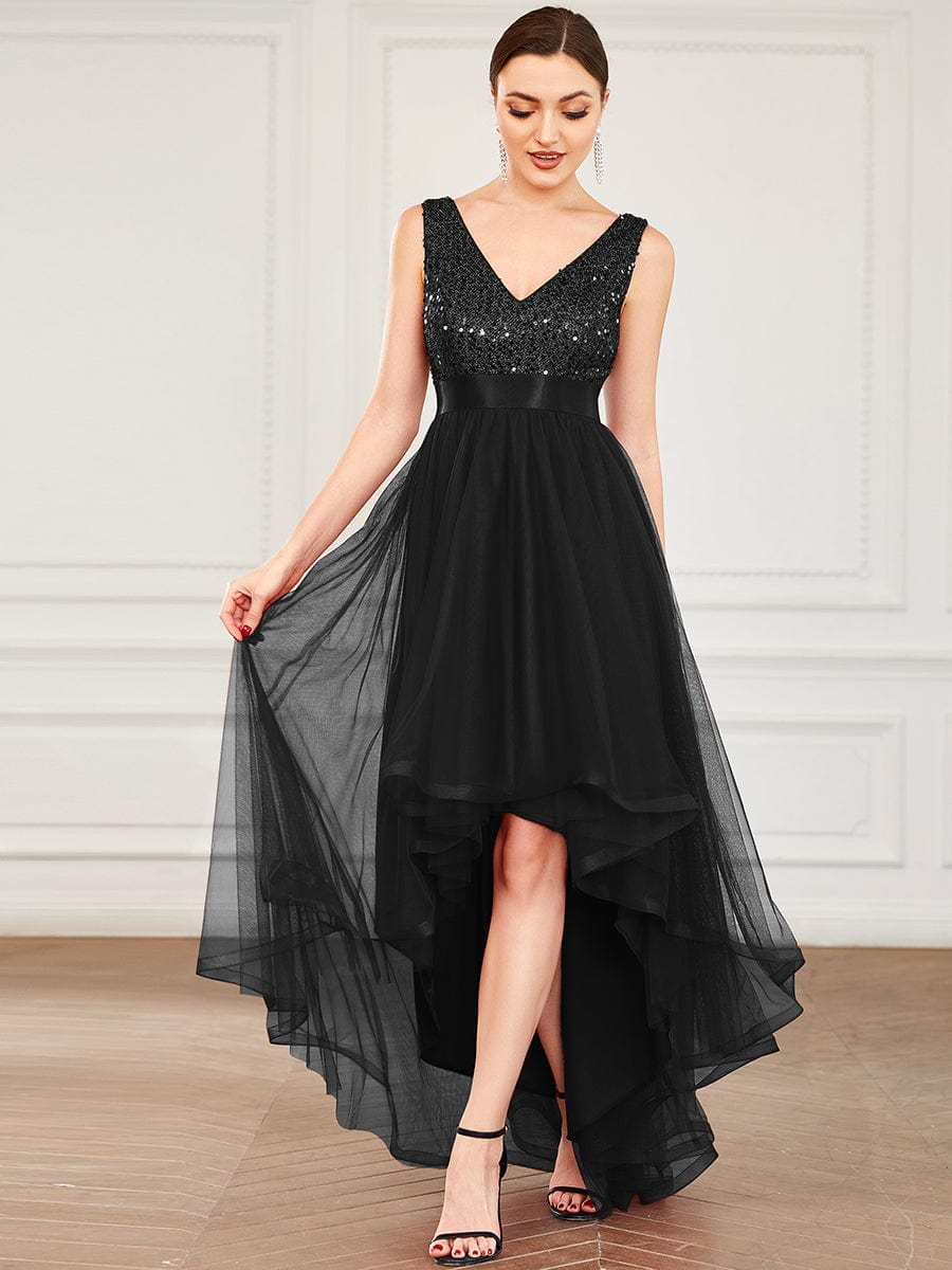 Elegant Sparkling Asymmetrical Hem Deep V Neck Evening Dress - Image 32