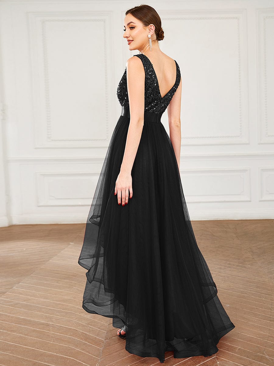Elegant Sparkling Asymmetrical Hem Deep V Neck Evening Dress - Image 34