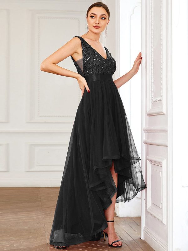 Elegant Sparkling Asymmetrical Hem Deep V Neck Evening Dress - Image 35