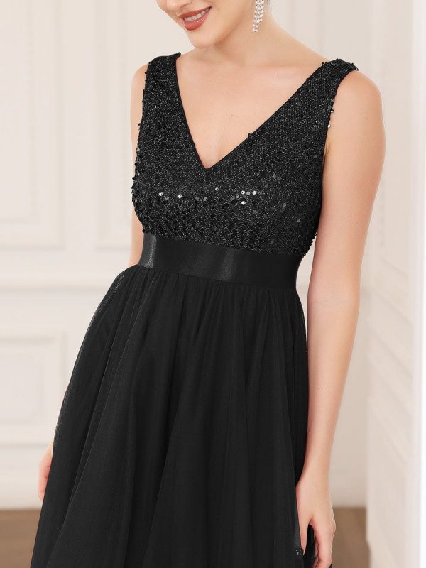 Elegant Sparkling Asymmetrical Hem Deep V Neck Evening Dress - Image 33