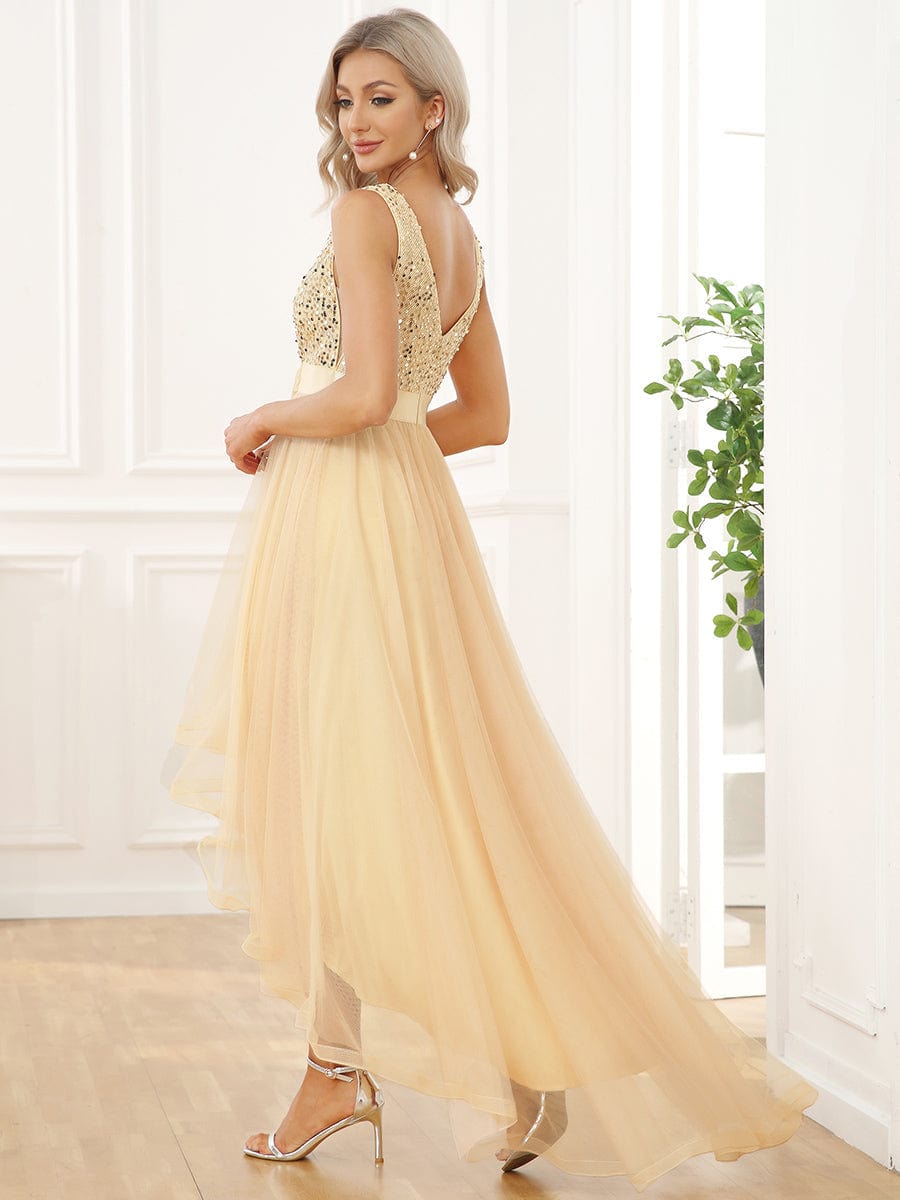 Elegant Sparkling Asymmetrical Hem Deep V Neck Evening Dress - Image 36