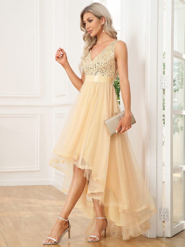 Elegant Sparkling Asymmetrical Hem Deep V Neck Evening Dress - Image 37