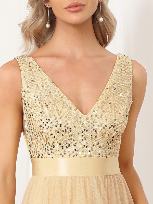 Elegant Sparkling Asymmetrical Hem Deep V Neck Evening Dress - Image 39