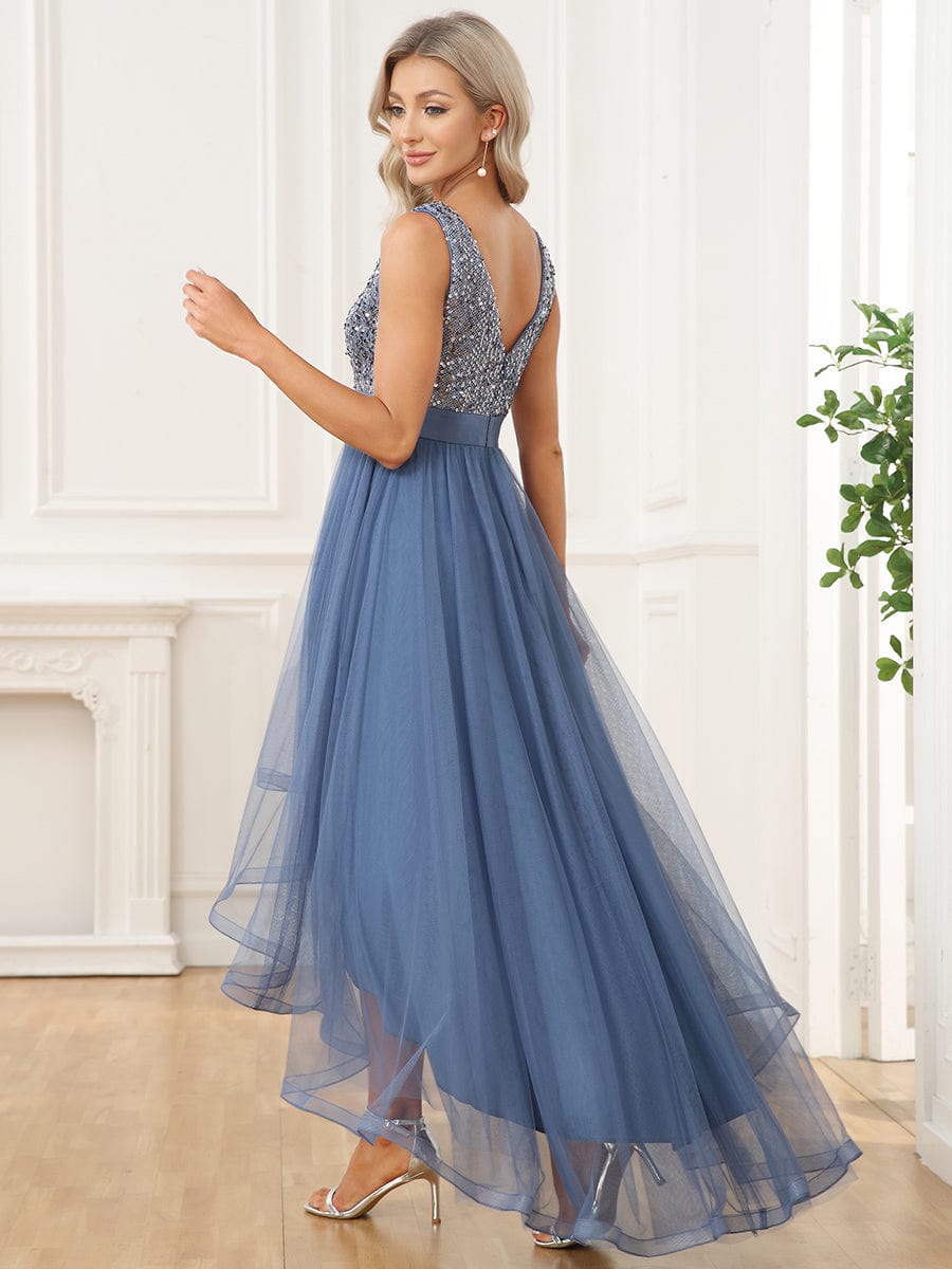 Elegant Sparkling Asymmetrical Hem Deep V Neck Evening Dress - Image 40