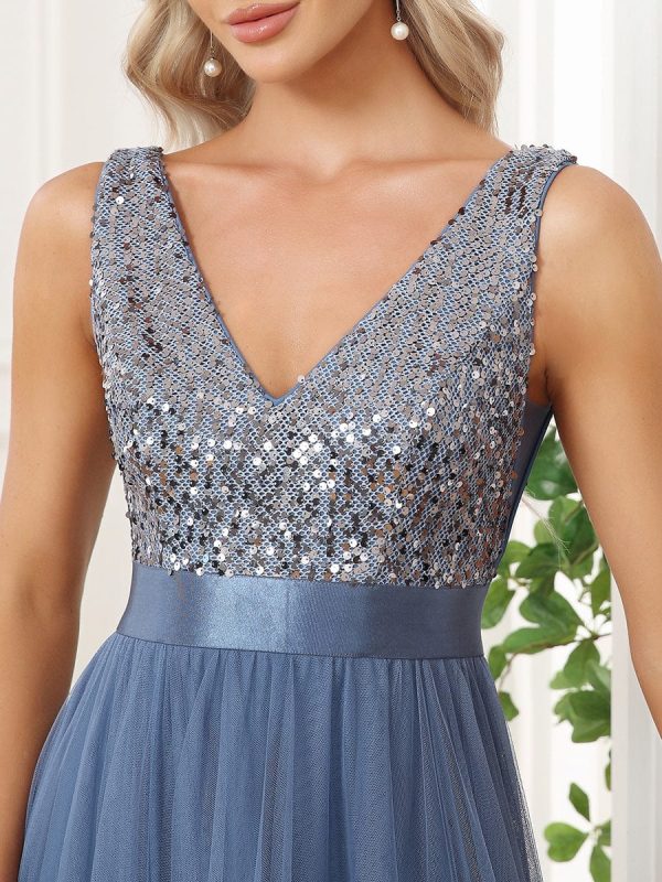 Elegant Sparkling Asymmetrical Hem Deep V Neck Evening Dress - Image 43