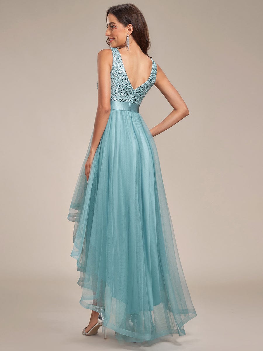 Elegant Sparkling Asymmetrical Hem Deep V Neck Evening Dress - Image 45