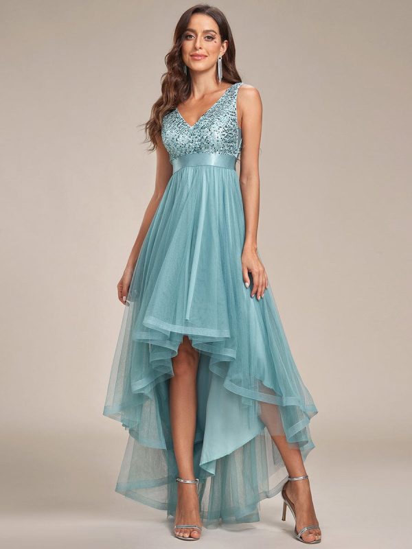 Elegant Sparkling Asymmetrical Hem Deep V Neck Evening Dress - Image 44