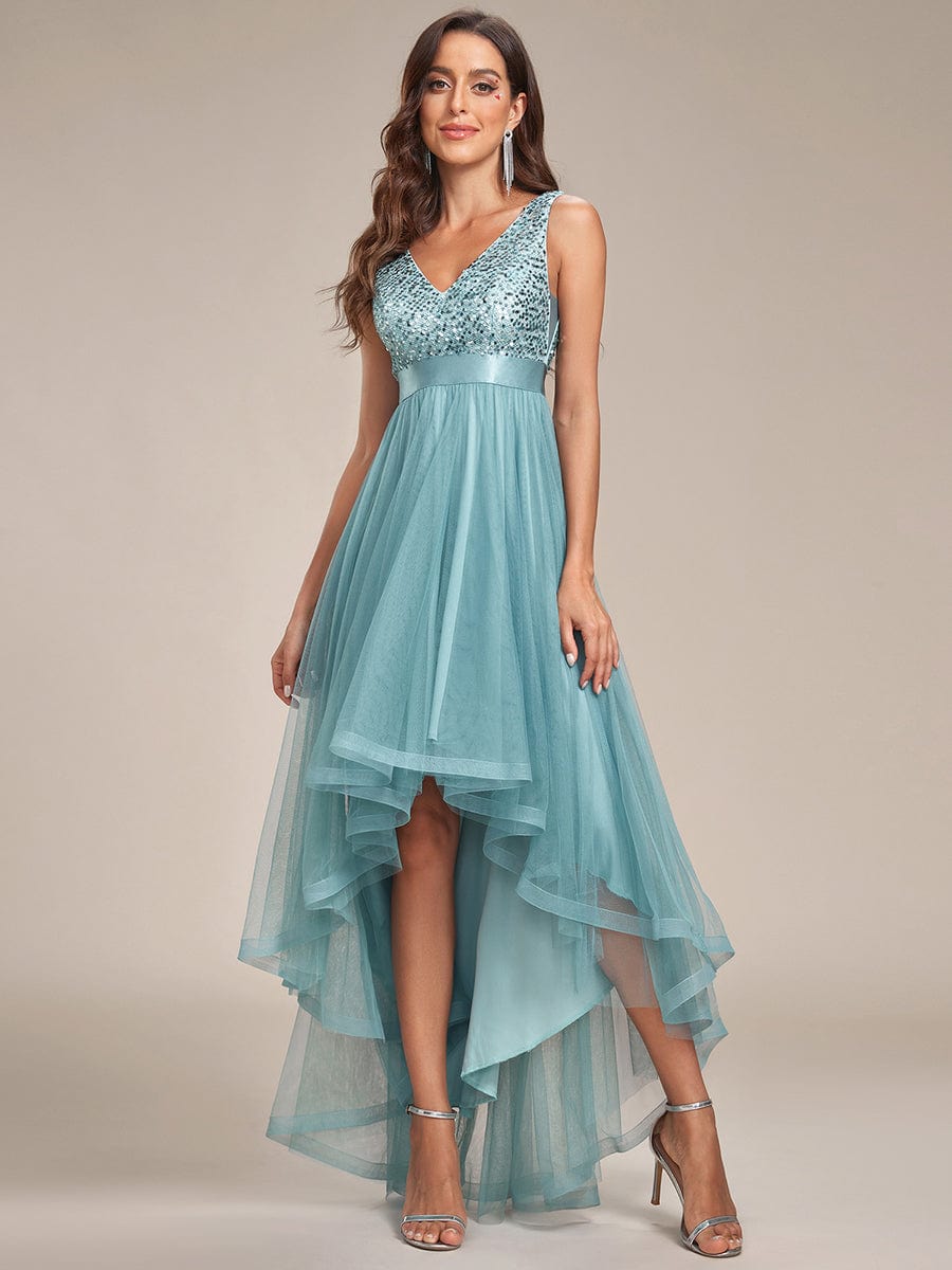 Elegant Sparkling Asymmetrical Hem Deep V Neck Evening Dress - Image 44