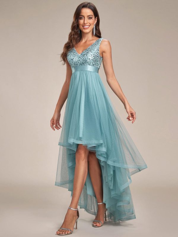 Elegant Sparkling Asymmetrical Hem Deep V Neck Evening Dress - Image 46
