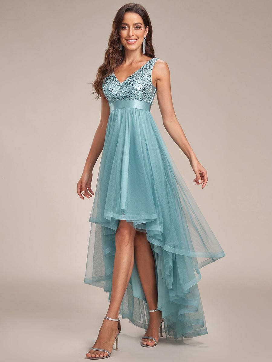 Elegant Sparkling Asymmetrical Hem Deep V Neck Evening Dress - Image 46