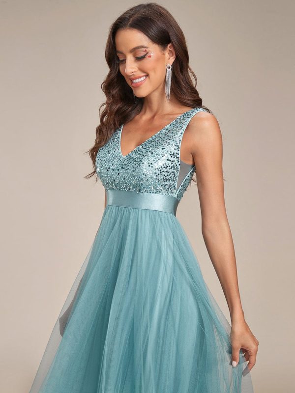 Elegant Sparkling Asymmetrical Hem Deep V Neck Evening Dress - Image 47