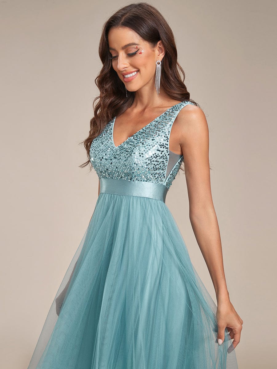 Elegant Sparkling Asymmetrical Hem Deep V Neck Evening Dress - Image 47