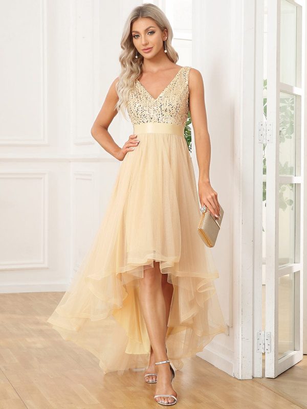 Elegant Sparkling Asymmetrical Hem Deep V Neck Evening Dress - Image 27