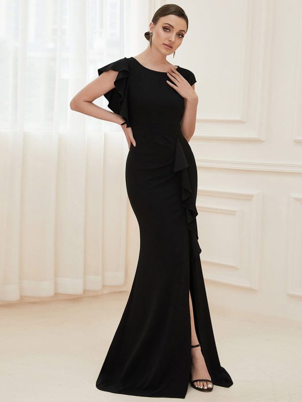 Elegant Split Evening Dress with U Neck and Cover Sleeves - Image 4