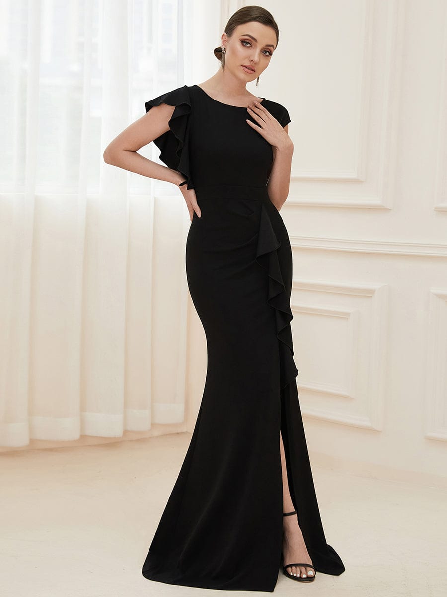 Elegant Split Evening Dress with U Neck and Cover Sleeves - Image 4