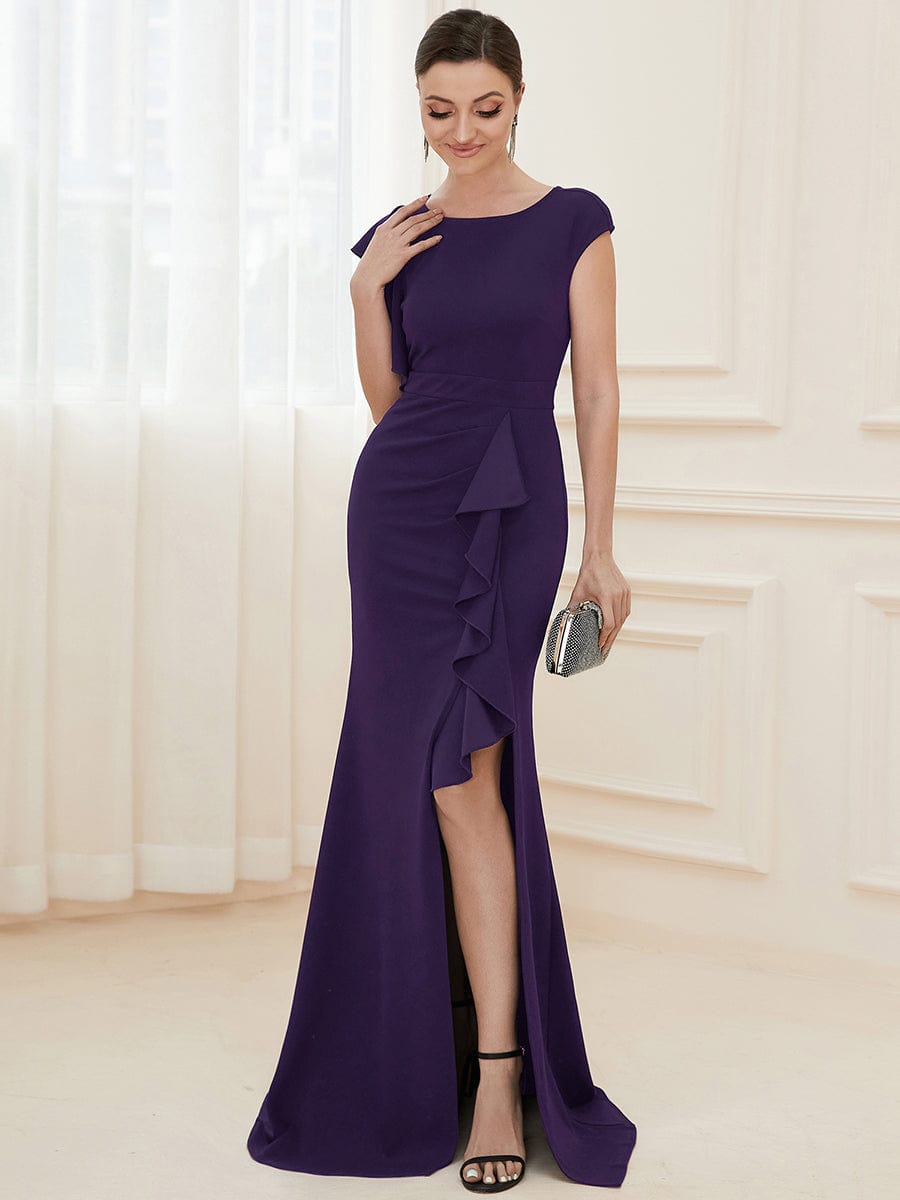 Elegant Split Evening Dress with U Neck and Cover Sleeves - Image 29