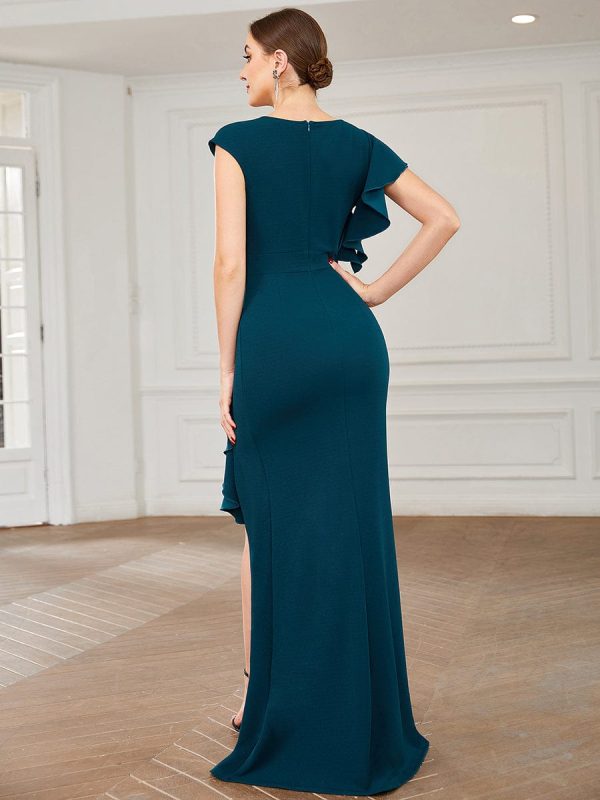 Elegant Split Evening Dress with U Neck and Cover Sleeves - Image 33