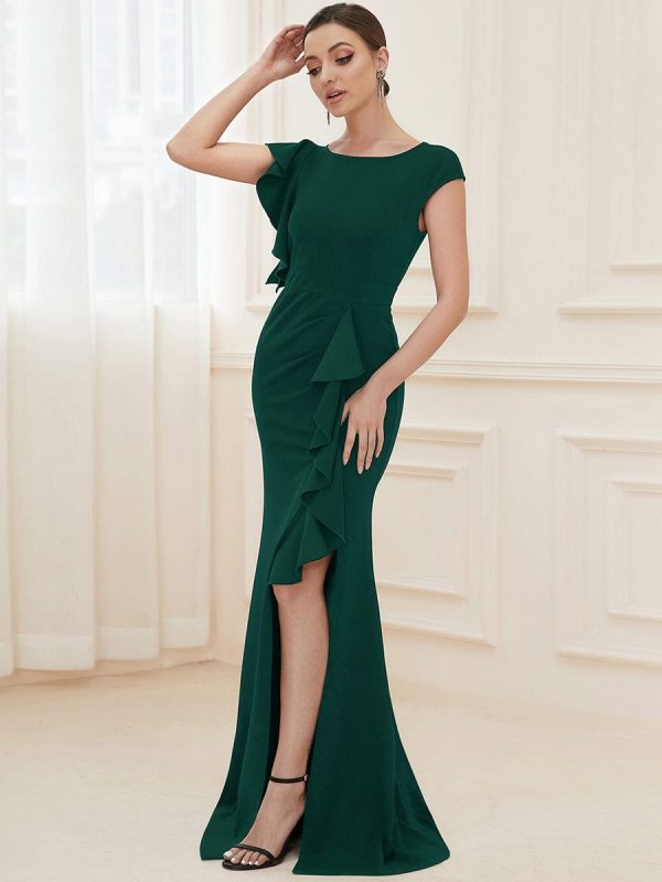 Elegant Split Evening Dress with U Neck and Cover Sleeves - Image 44