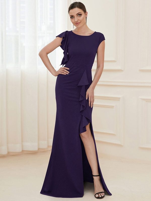 Elegant Split Evening Dress with U Neck and Cover Sleeves - Image 49