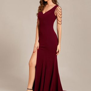Elegant V-Neck Beaded Chiffon Maxi Evening Gown for Wholesale