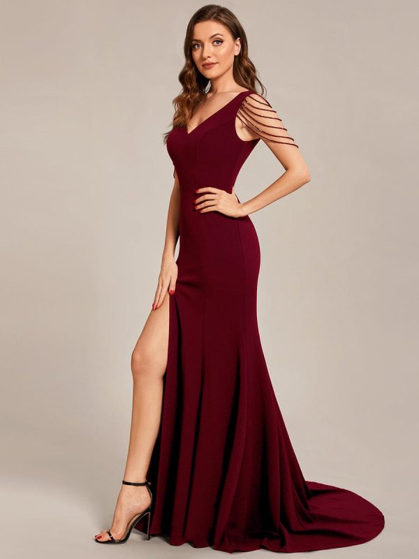Elegant V-Neck Beaded Chiffon Maxi Evening Gown for Wholesale - Image 3