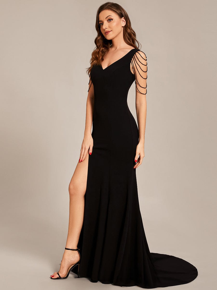 Elegant V-Neck Beaded Chiffon Maxi Evening Gown for Wholesale - Image 9