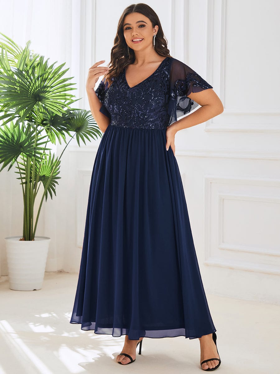 Elegant V Neck Mother of the Bride Dress with Ruffles Sleeves - Image 16