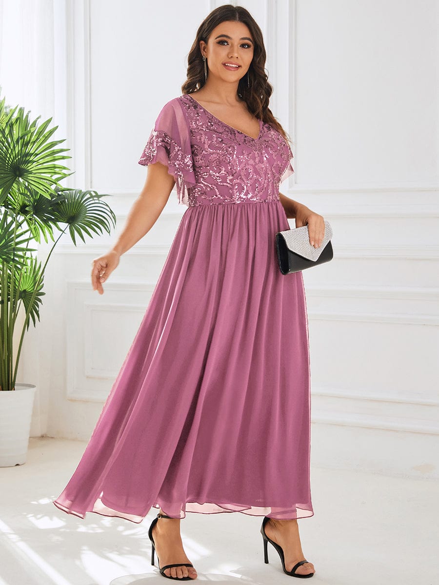 Elegant V Neck Mother of the Bride Dress with Ruffles Sleeves - Image 13