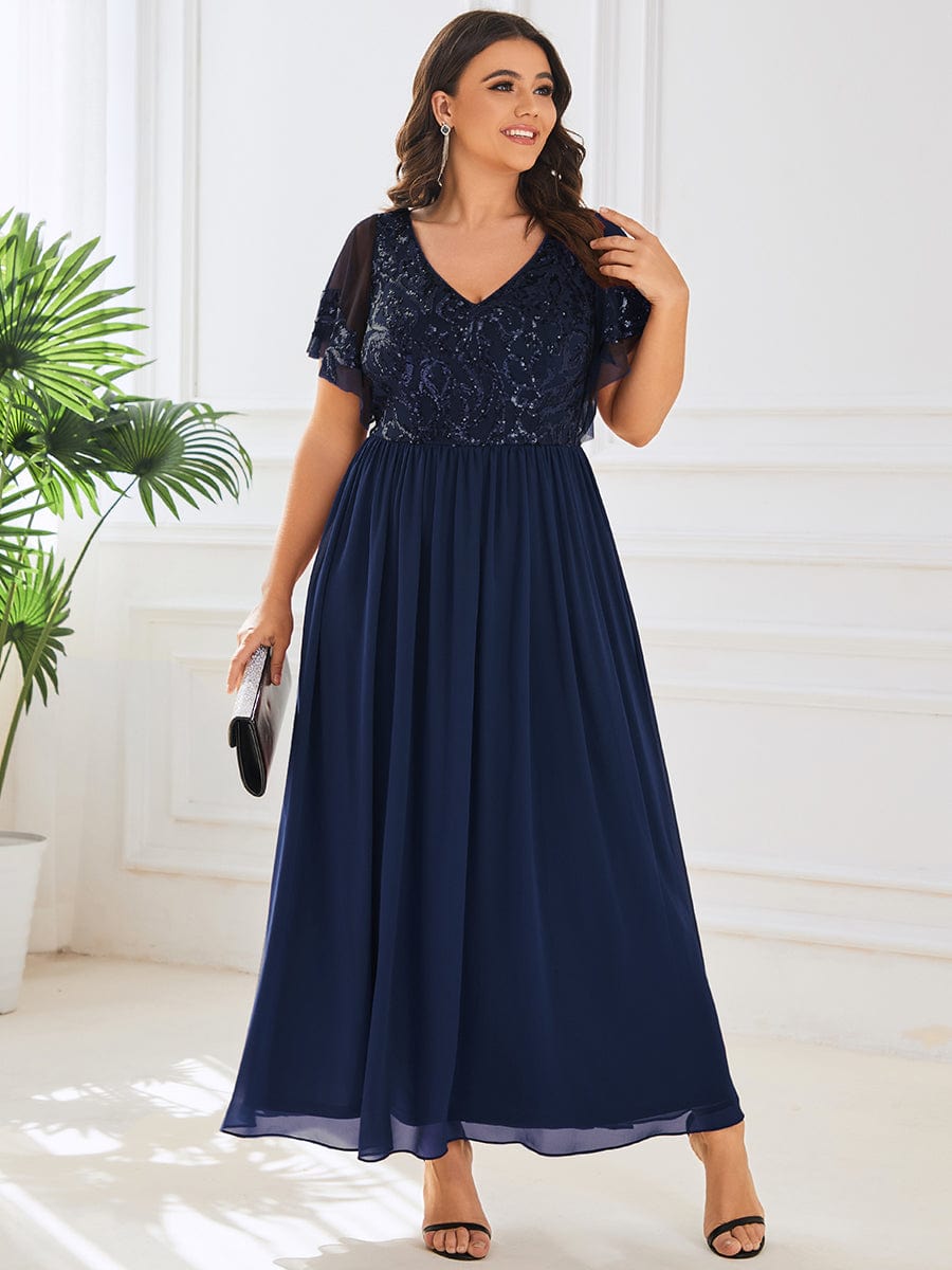 Elegant V Neck Mother of the Bride Dress with Ruffles Sleeves - Image 19