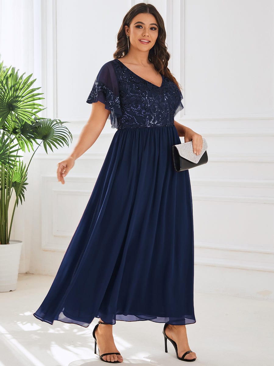 Elegant V Neck Mother of the Bride Dress with Ruffles Sleeves - Image 18