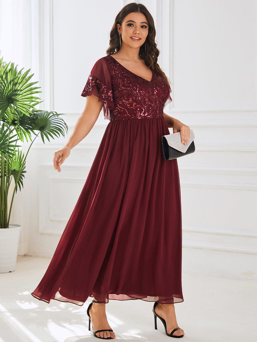 Elegant V Neck Mother of the Bride Dress with Ruffles Sleeves - Image 3