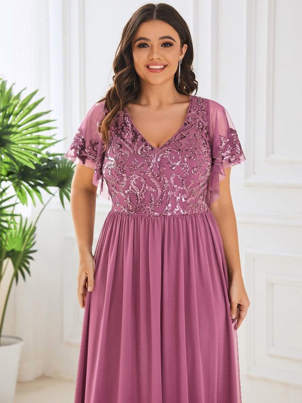 Elegant V Neck Mother of the Bride Dress with Ruffles Sleeves - Image 15
