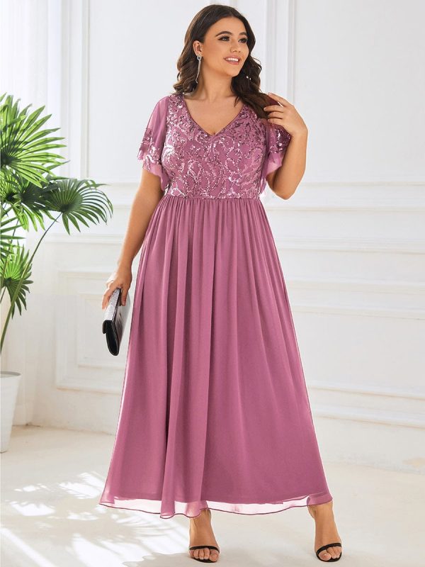 Elegant V Neck Mother of the Bride Dress with Ruffles Sleeves - Image 14