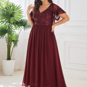 Elegant V Neck Mother of the Bride Dress with Ruffles Sleeves