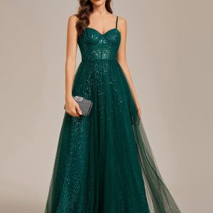 Enchanting Sequin Adorned High-Waisted Evening Gown