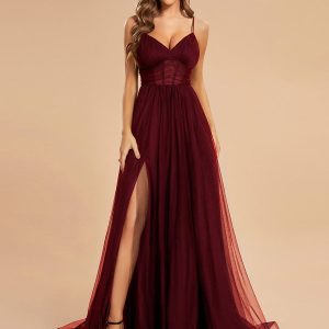 Ethereal Charm Spaghetti Strap High Split Tulle Evening Gown - Wholesale Option