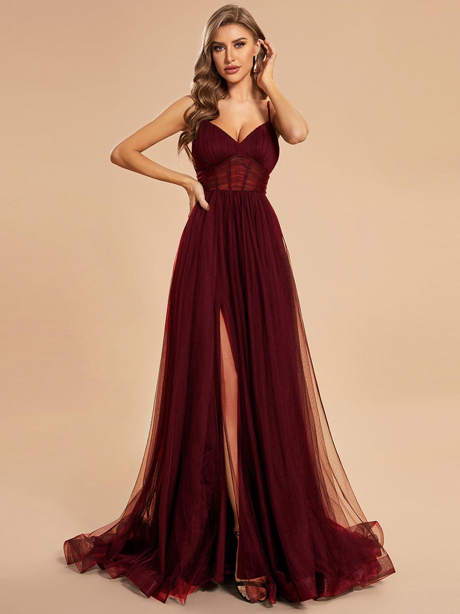 Ethereal Charm Spaghetti Strap High Split Tulle Evening Gown - Wholesale Option - Image 3