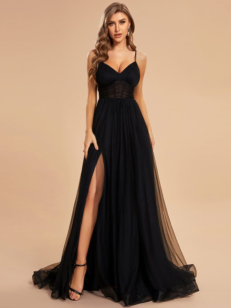 Ethereal Charm Spaghetti Strap High Split Tulle Evening Gown - Wholesale Option - Image 6