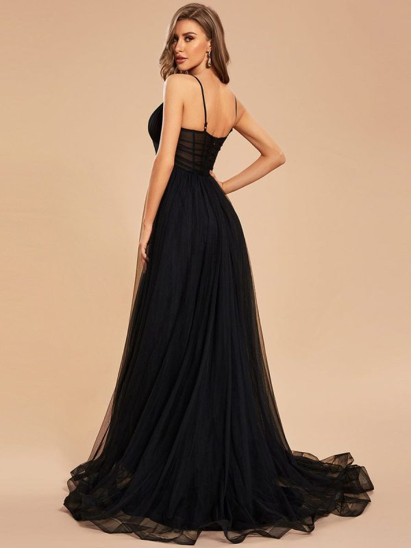 Ethereal Charm Spaghetti Strap High Split Tulle Evening Gown - Wholesale Option - Image 7