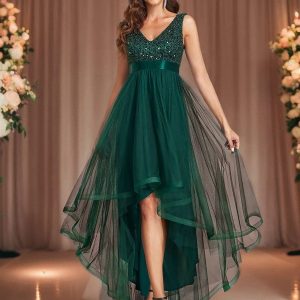Evening Elegance: Sleeveless Sparkling Dress with Deep V Neck & Asymmetrical Hem