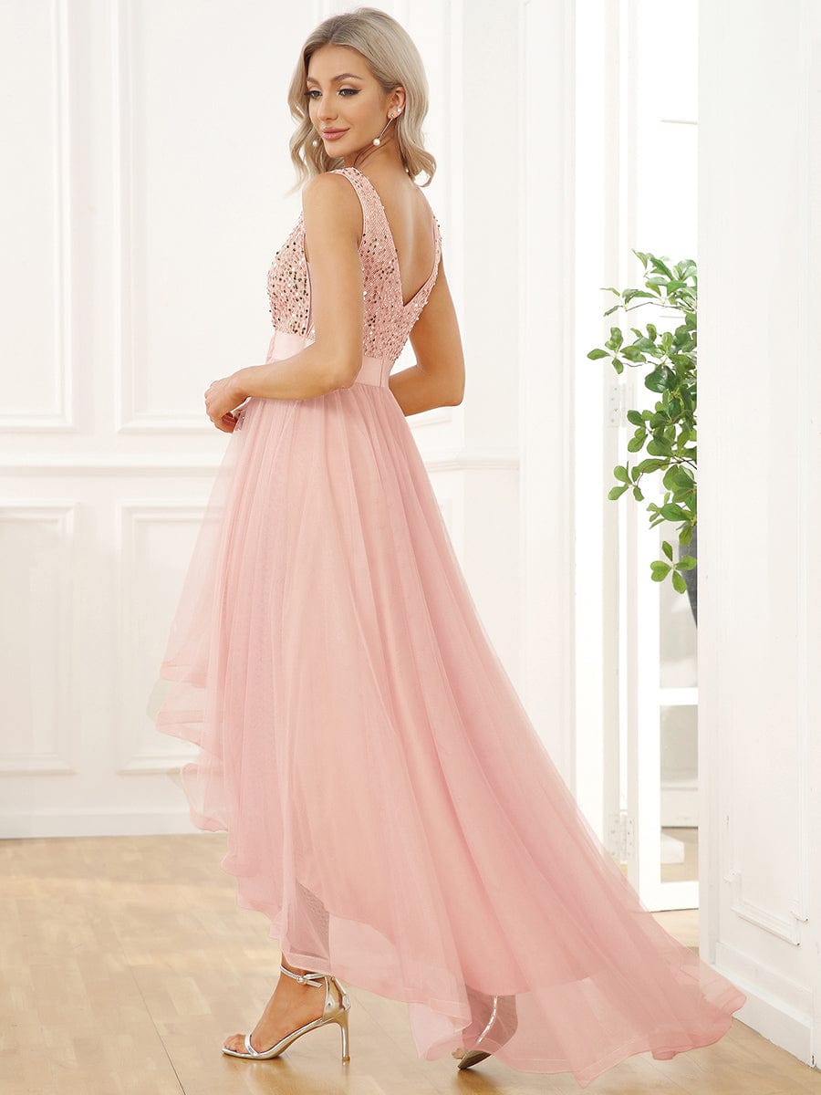 Evening Elegance: Sleeveless Sparkling Dress with Deep V Neck & Asymmetrical Hem - Image 8