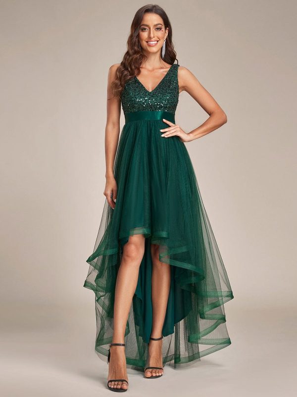 Evening Elegance: Sleeveless Sparkling Dress with Deep V Neck & Asymmetrical Hem - Image 3
