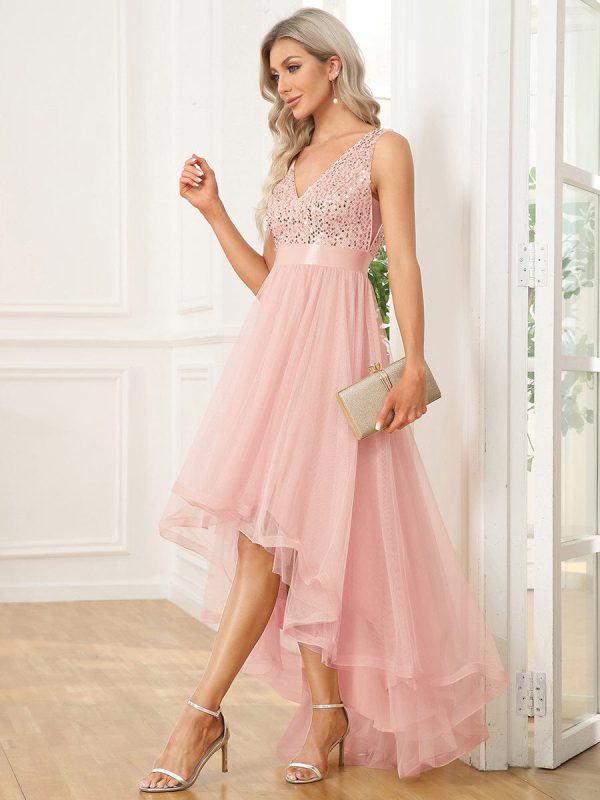 Evening Elegance: Sleeveless Sparkling Dress with Deep V Neck & Asymmetrical Hem - Image 9
