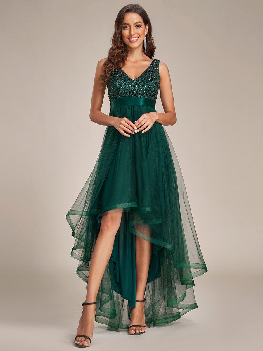 Evening Elegance: Sleeveless Sparkling Dress with Deep V Neck & Asymmetrical Hem - Image 4
